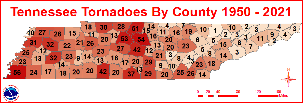 Number of tornadoes per Tennessee County 1950-2021.